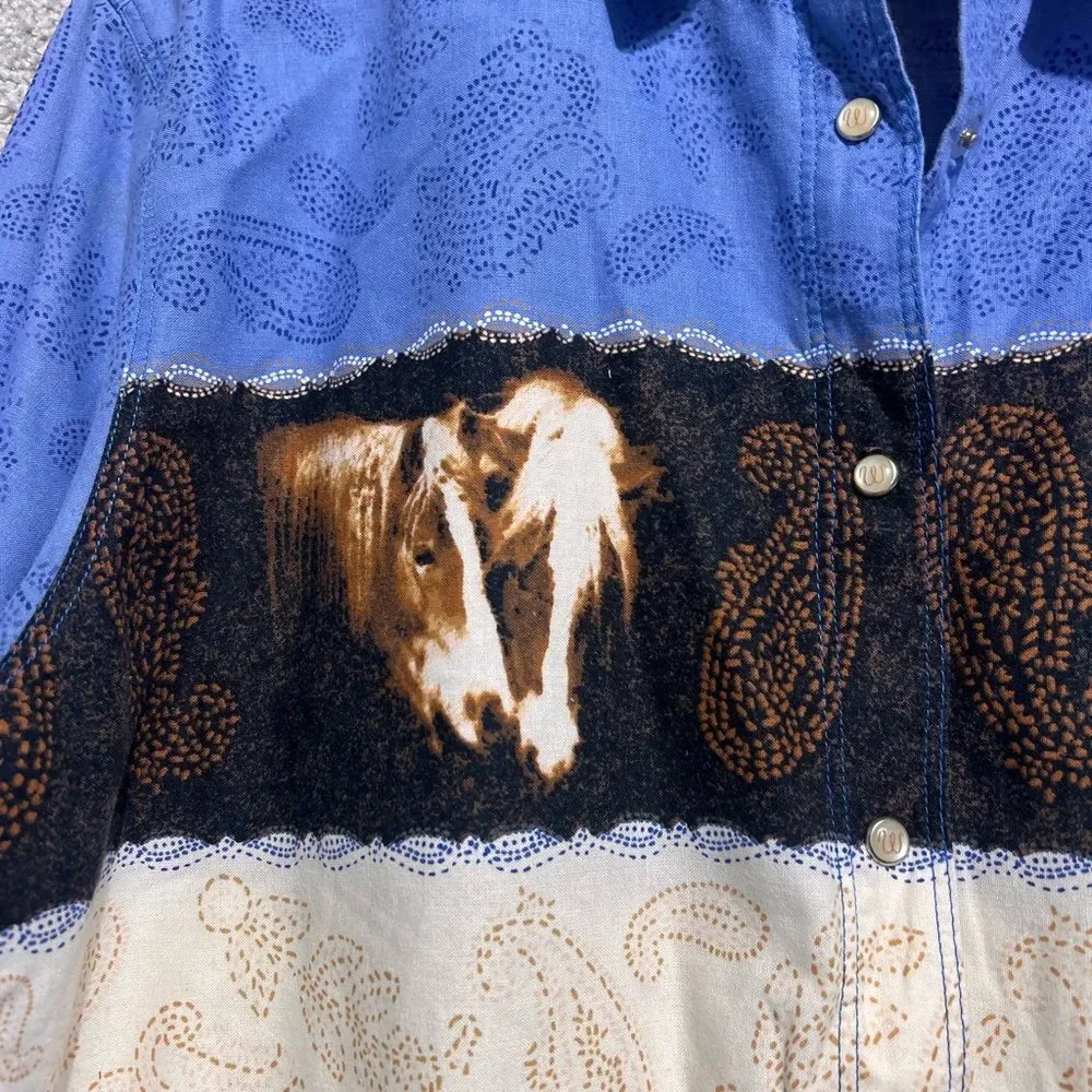 Wrangler Horse Print Vintage Western Snap Button Long Sleeve Top Size Medium - Picture 3 of 12